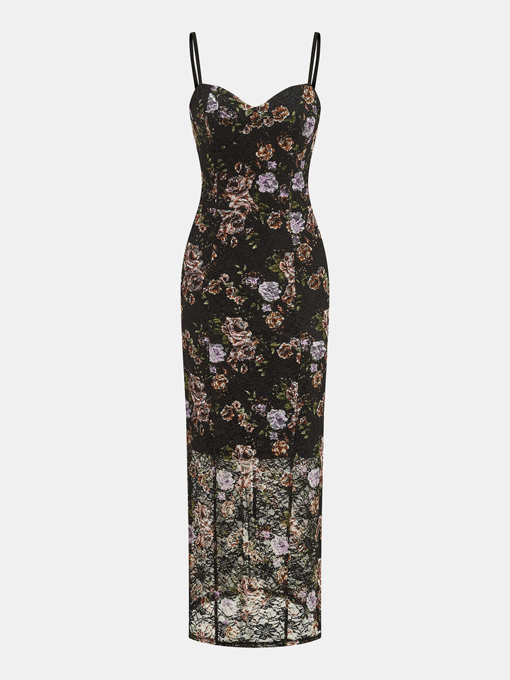 Floral Lace Sweetheart Neck Maxi Dress