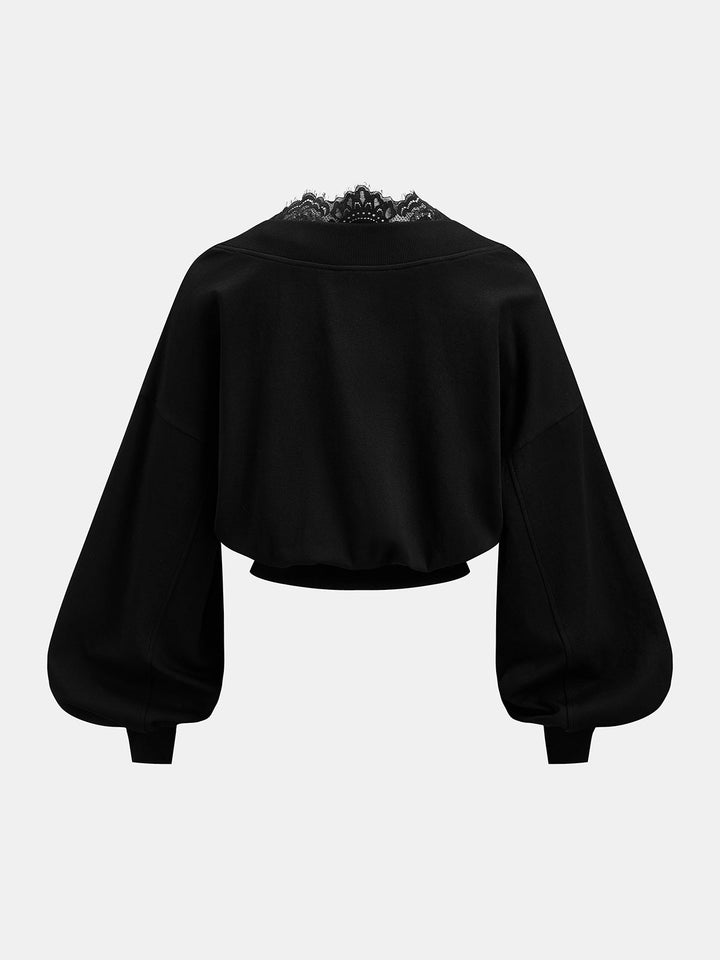 Lace Trim V‑Neck Balloon Sleeve Cropped Sweatshirt