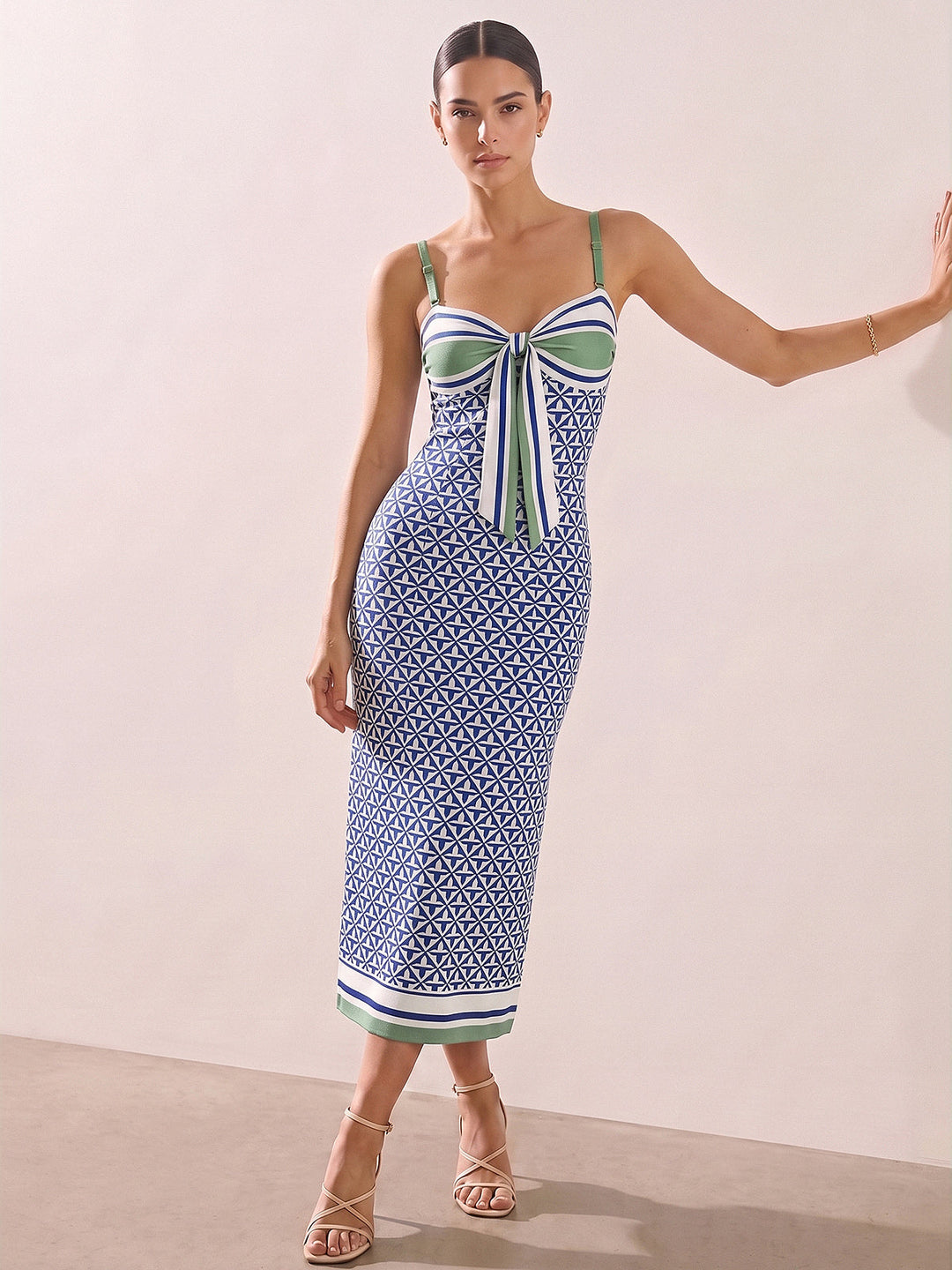 Geometric Print Tie-Front Slit Maxi Slip Dress
