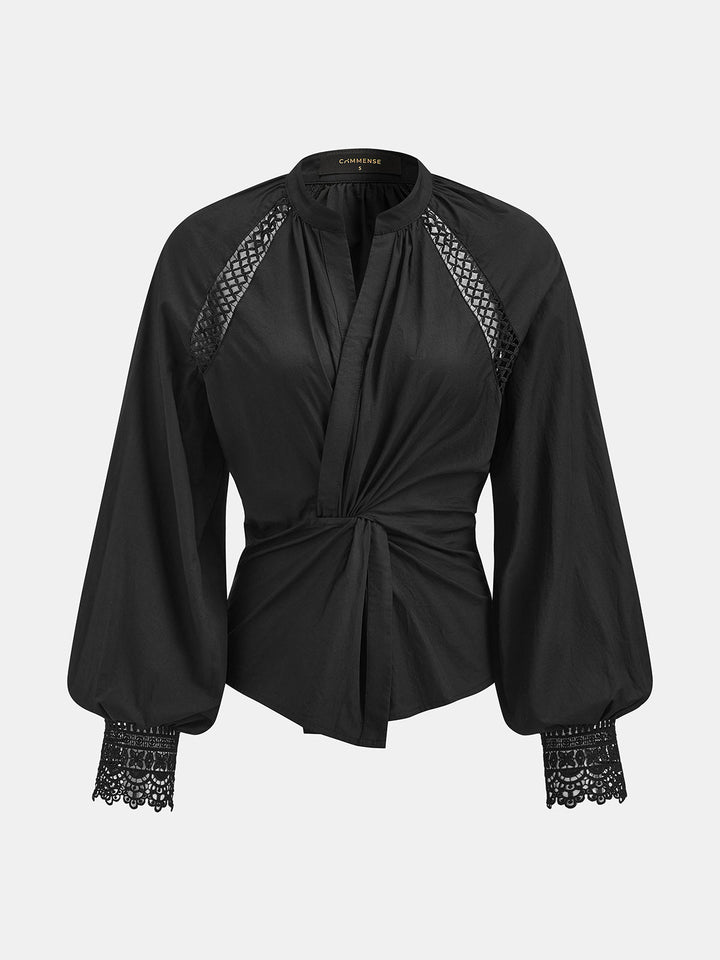 Twist‑Front Lace Insert Long Sleeve Cotton Blouse