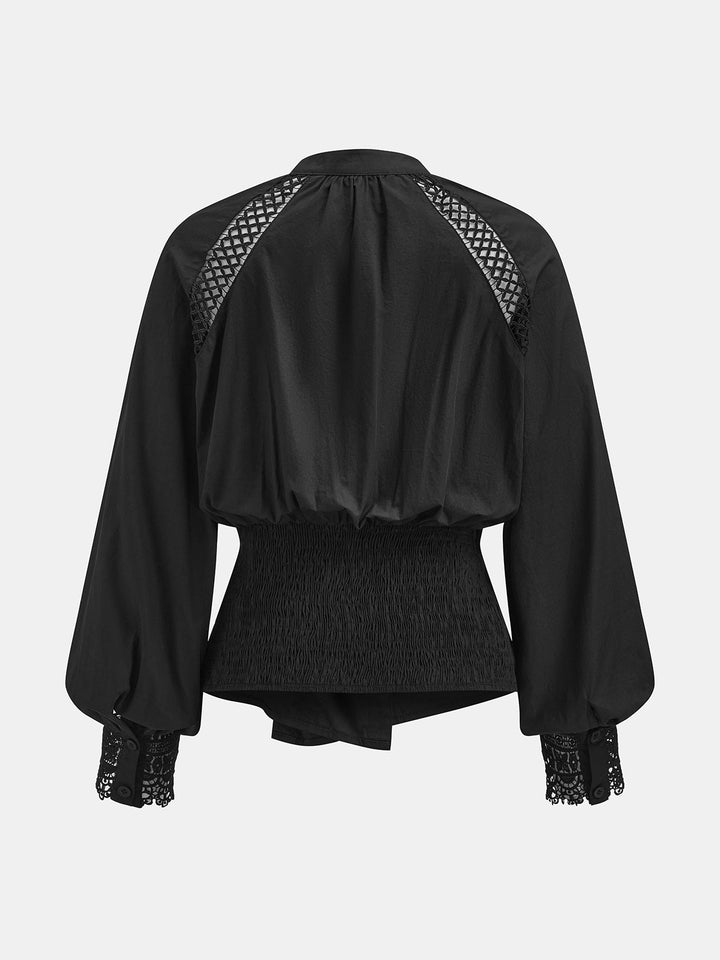 Twist‑Front Lace Insert Long Sleeve Cotton Blouse
