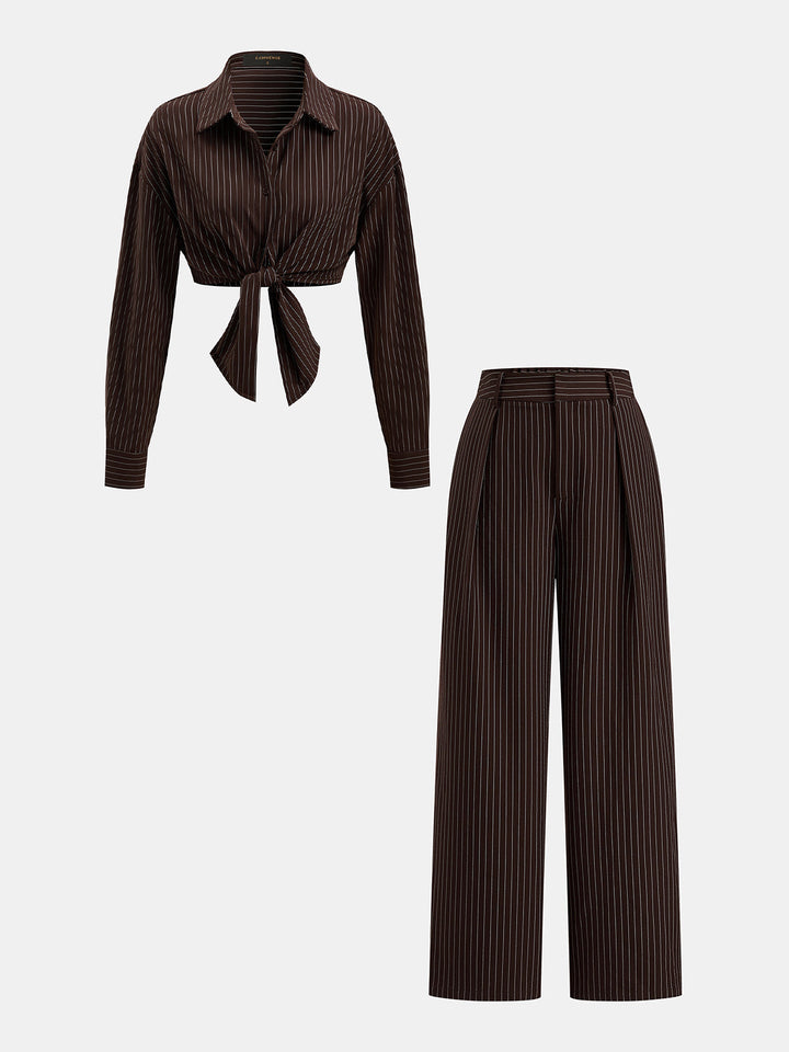 Cropped Knot Detail Pinstripe Two‑Piece Outfit
