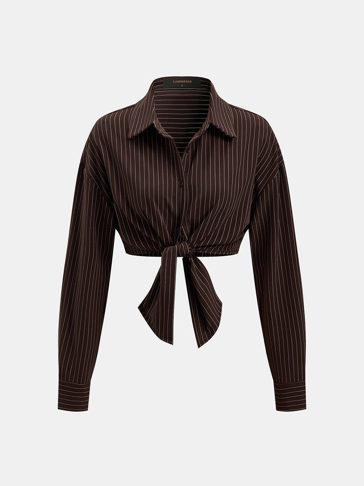 Cropped Knot Detail Pinstripe Two‑Piece Outfit