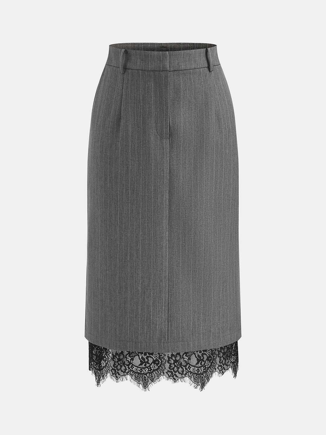 Pinstripe Lace Hem Midi Skirt