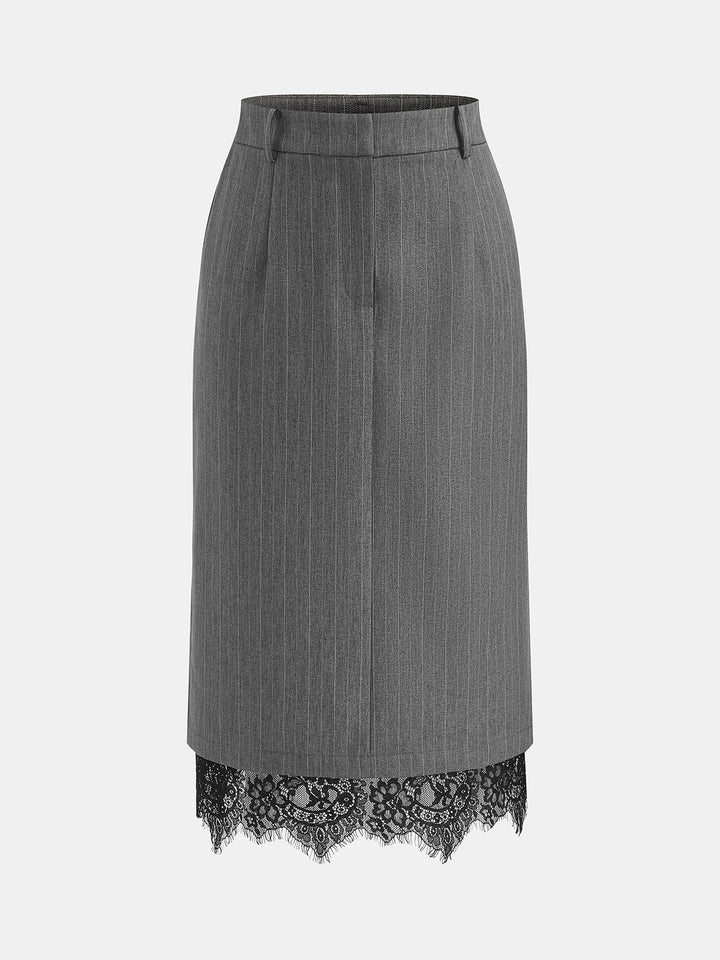 Pinstripe Lace Hem Midi Skirt
