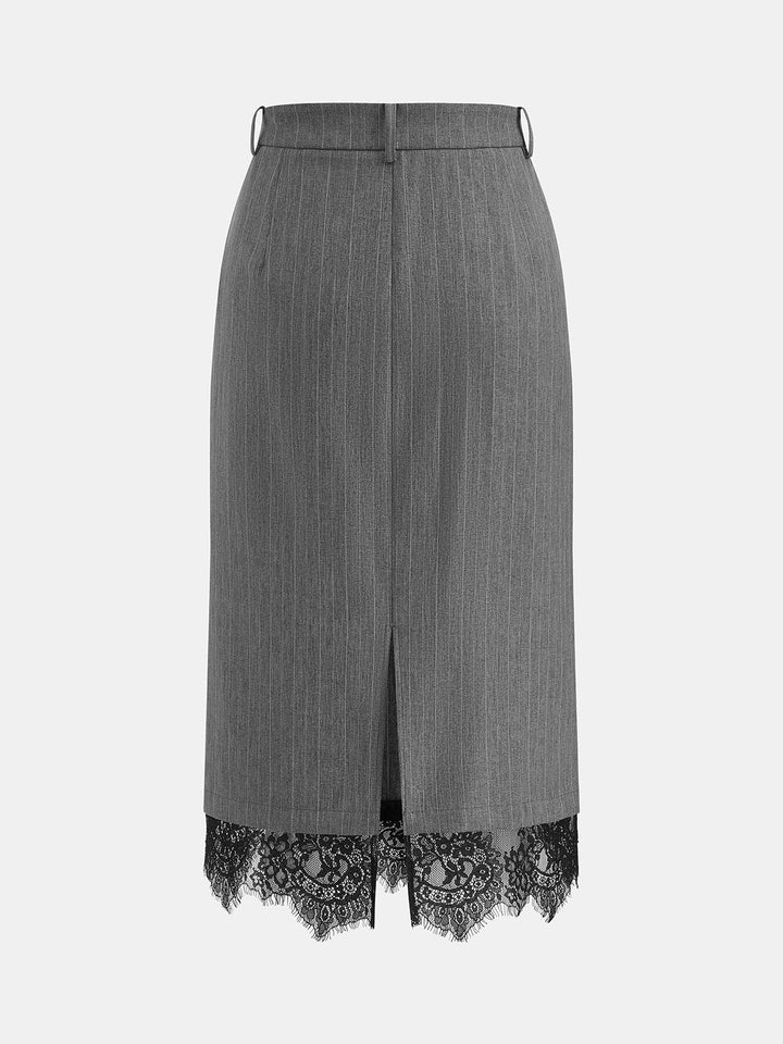 Pinstripe Lace Hem Midi Skirt