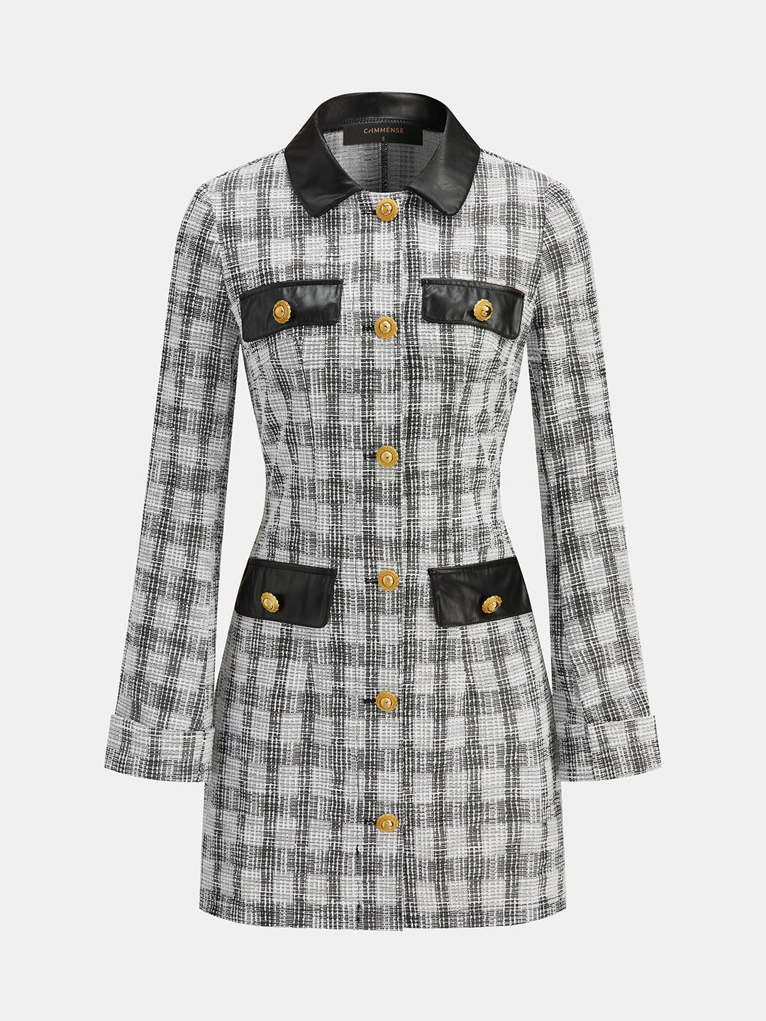 Faux Leather Collar Plaid Tweed Mini Dress