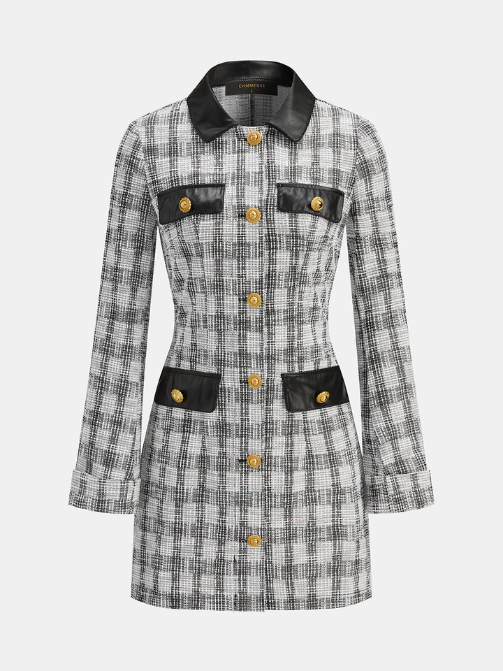 Faux Leather Collar Plaid Tweed Mini Dress