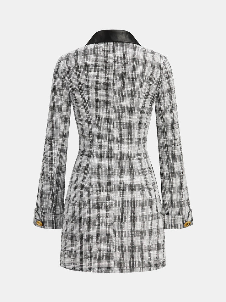 Faux Leather Collar Plaid Tweed Mini Dress