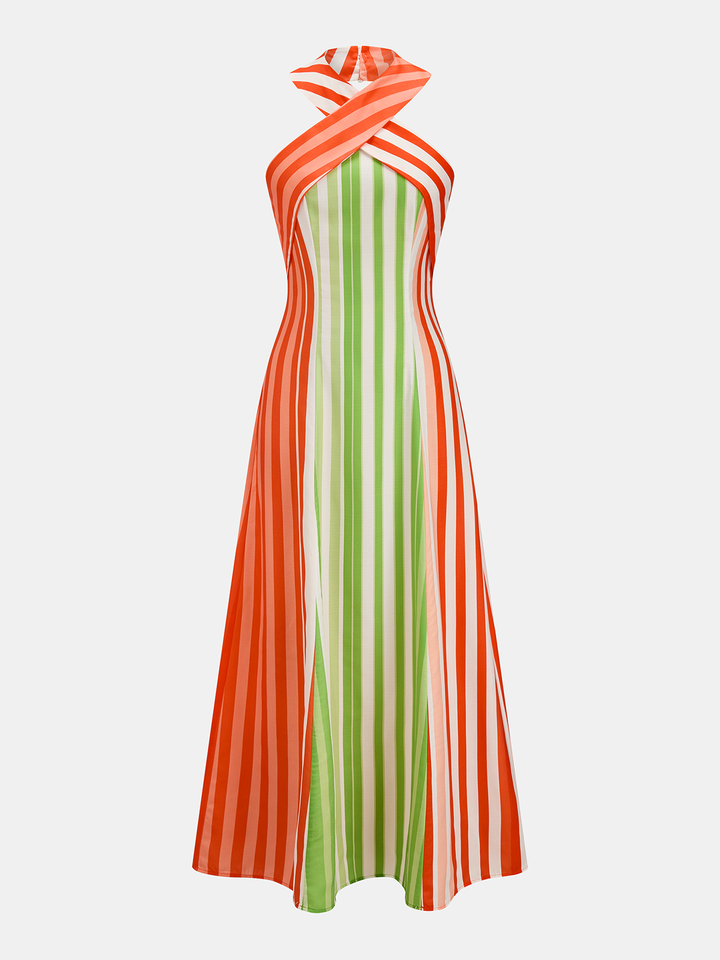 Striped Cross Halter Maxi Dress