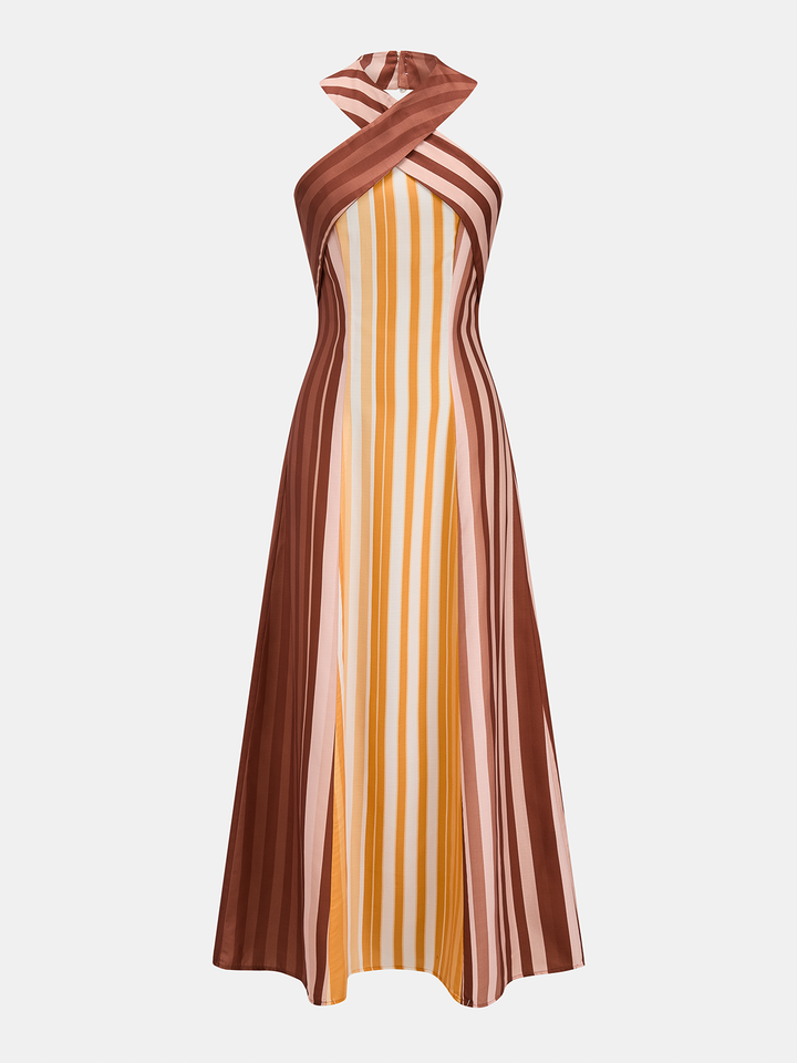 Striped Cross Halter Maxi Dress