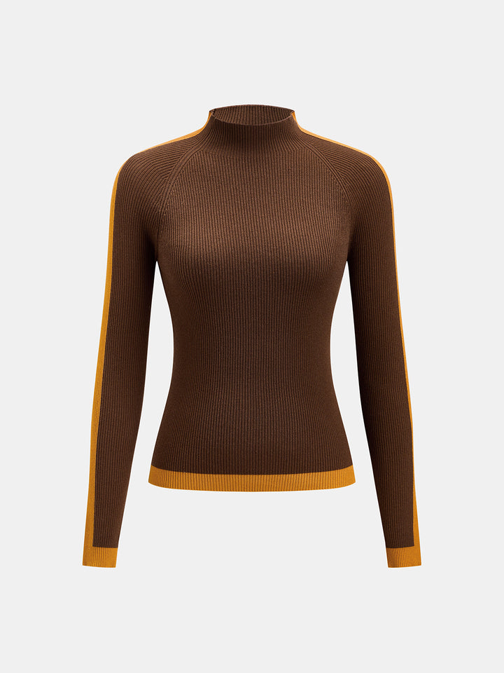 Color Block Mock Neck Ribbed Knit Sweater