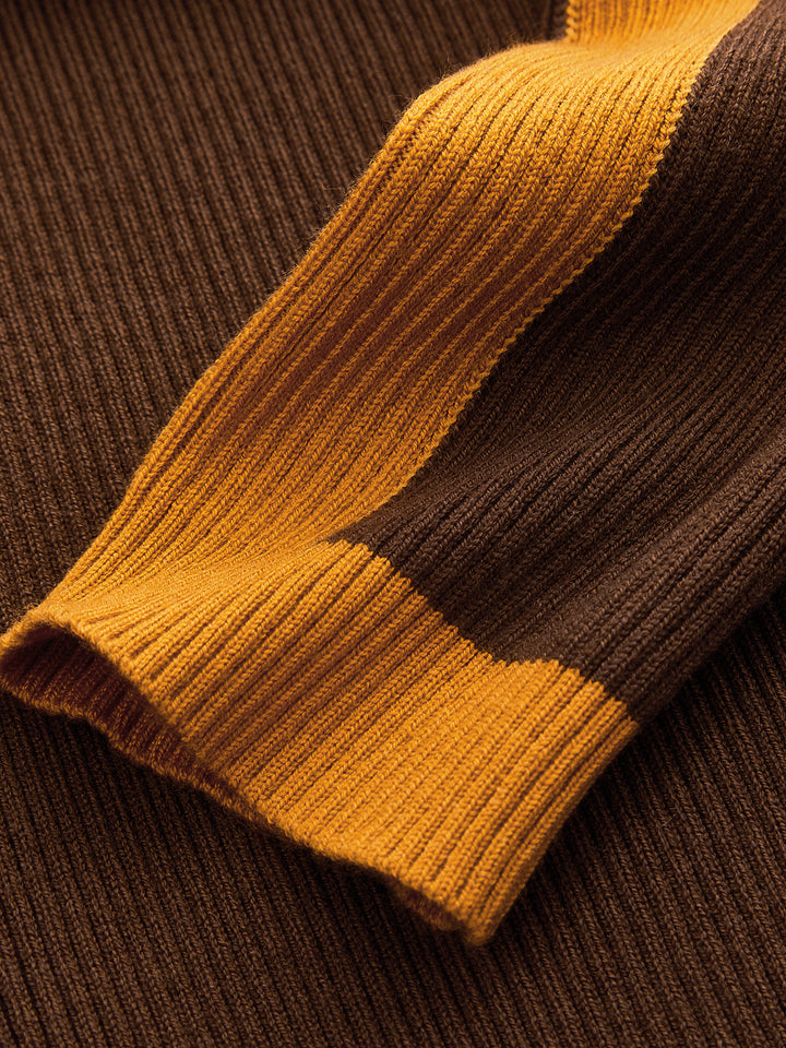 Color Block Mock Neck Ribbed Knit Sweater