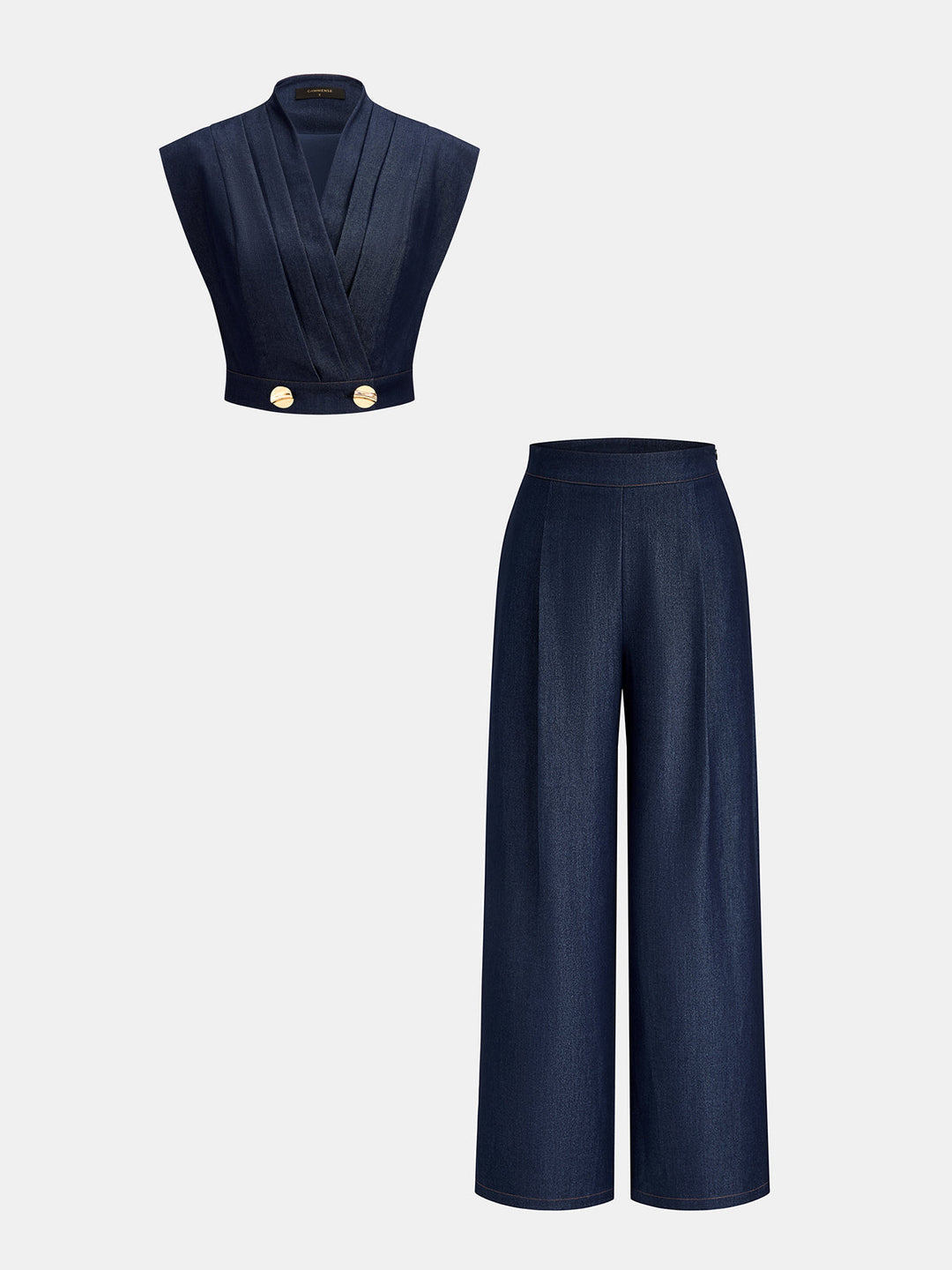 Pleated Faux Denim Two‑Piece Outfit