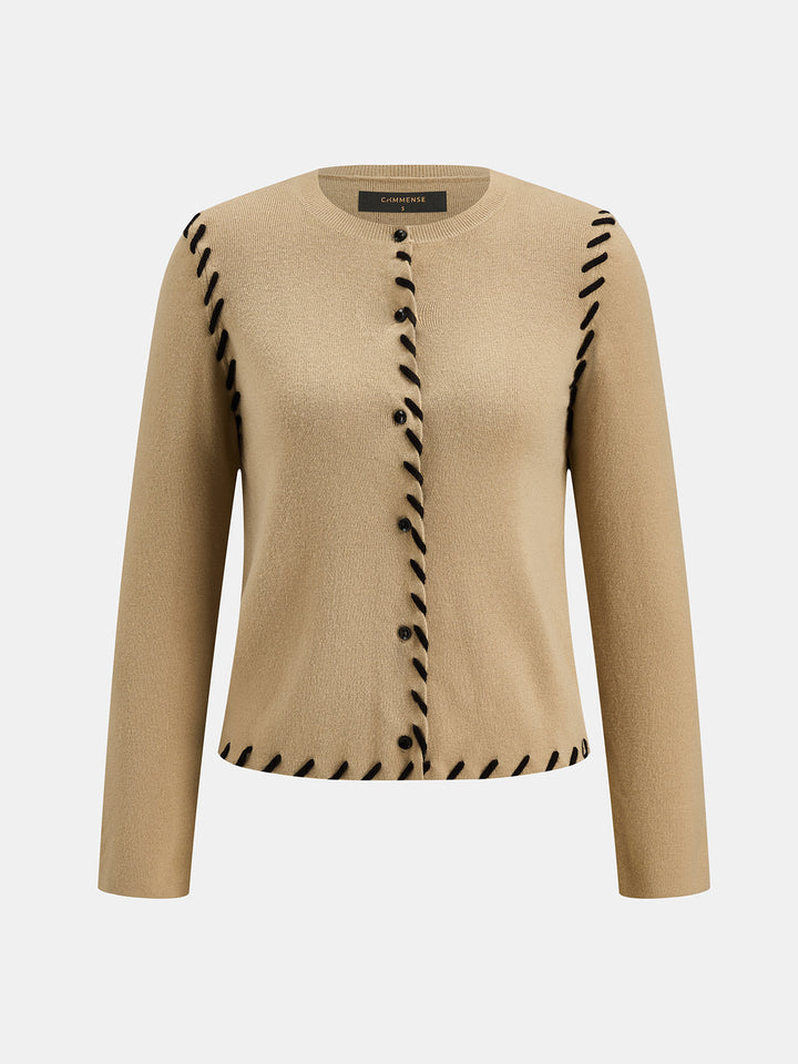 Contrast Stitch Button‑Front Cardigan