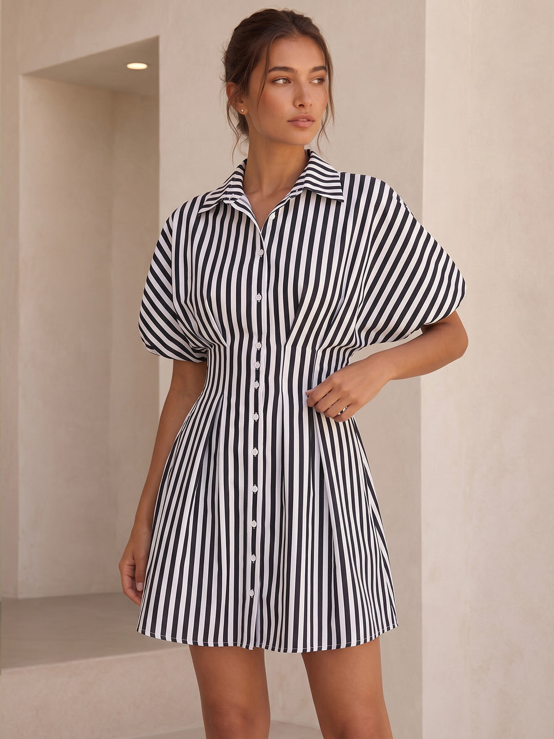 Striped Cinched Waist Shirt Dress