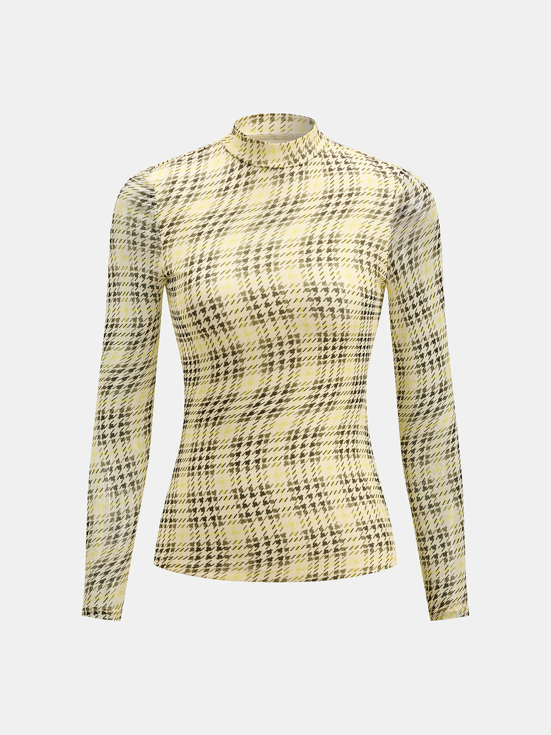 Houndstooth Mesh Mock Neck Long Sleeve Top