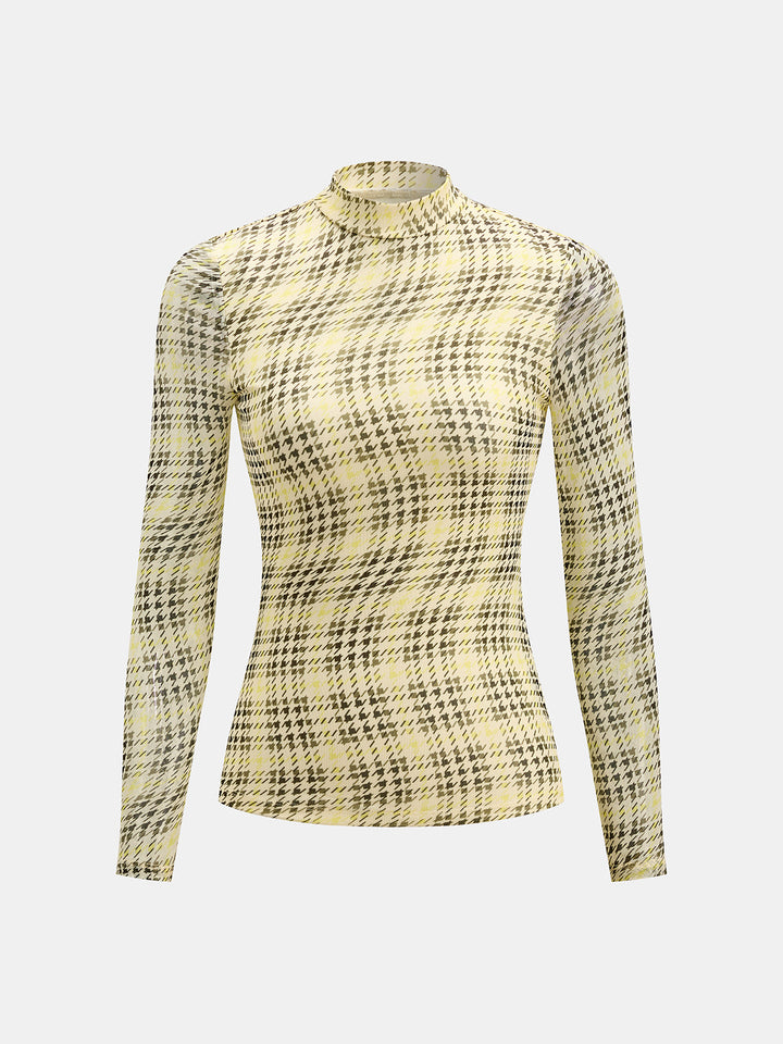 Houndstooth Mesh Mock Neck Long Sleeve Top