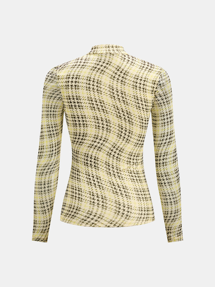 Houndstooth Mesh Mock Neck Long Sleeve Top