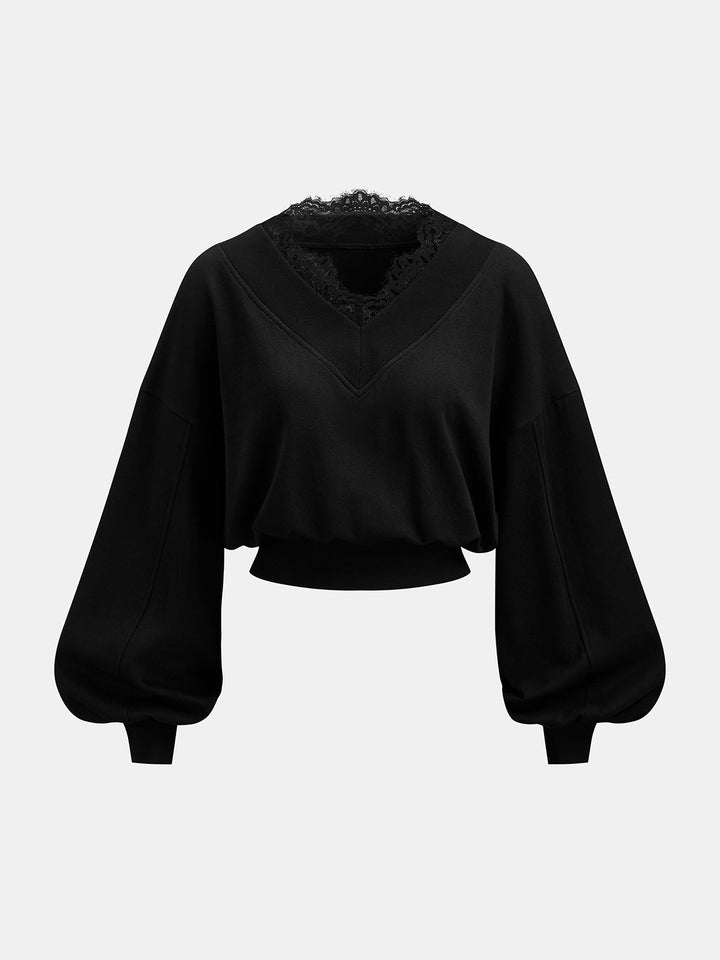 Lace Trim V‑Neck Balloon Sleeve Cropped Sweatshirt