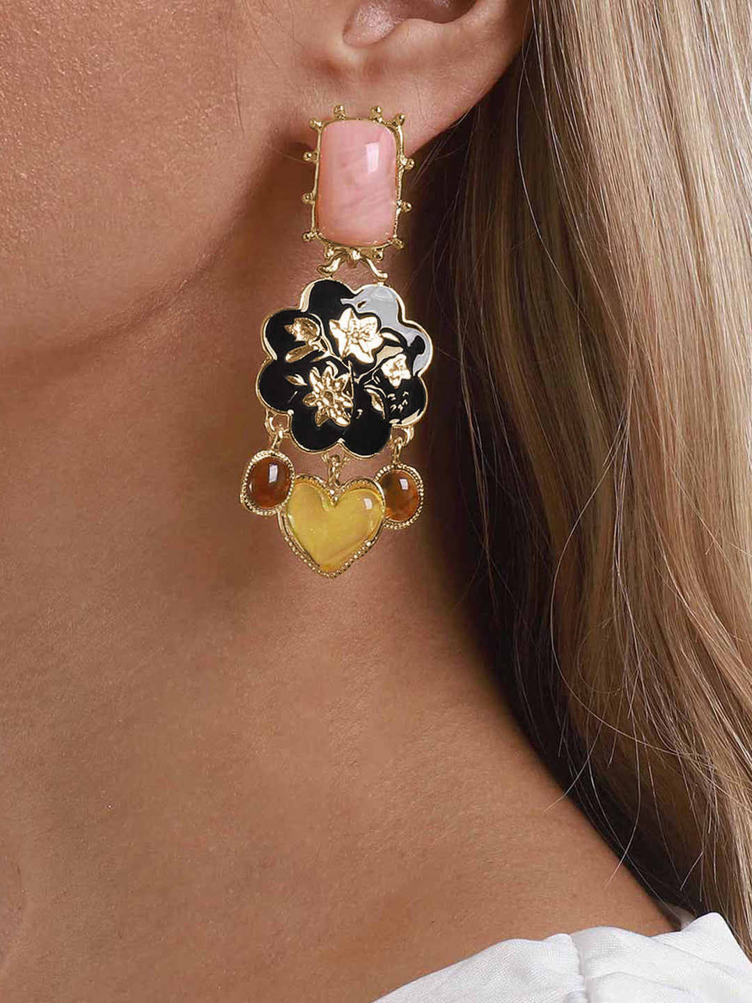 Vintage Floral Heart Drop Earrings
