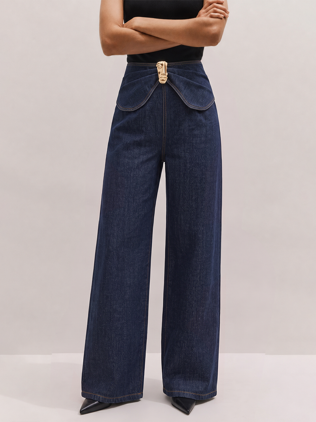 Decorative Buckle Twist Waist Straight Leg Jeans