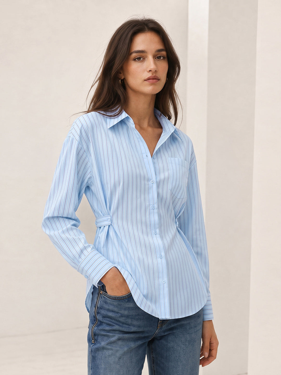Side Buckle Long Sleeve Striped Shirt