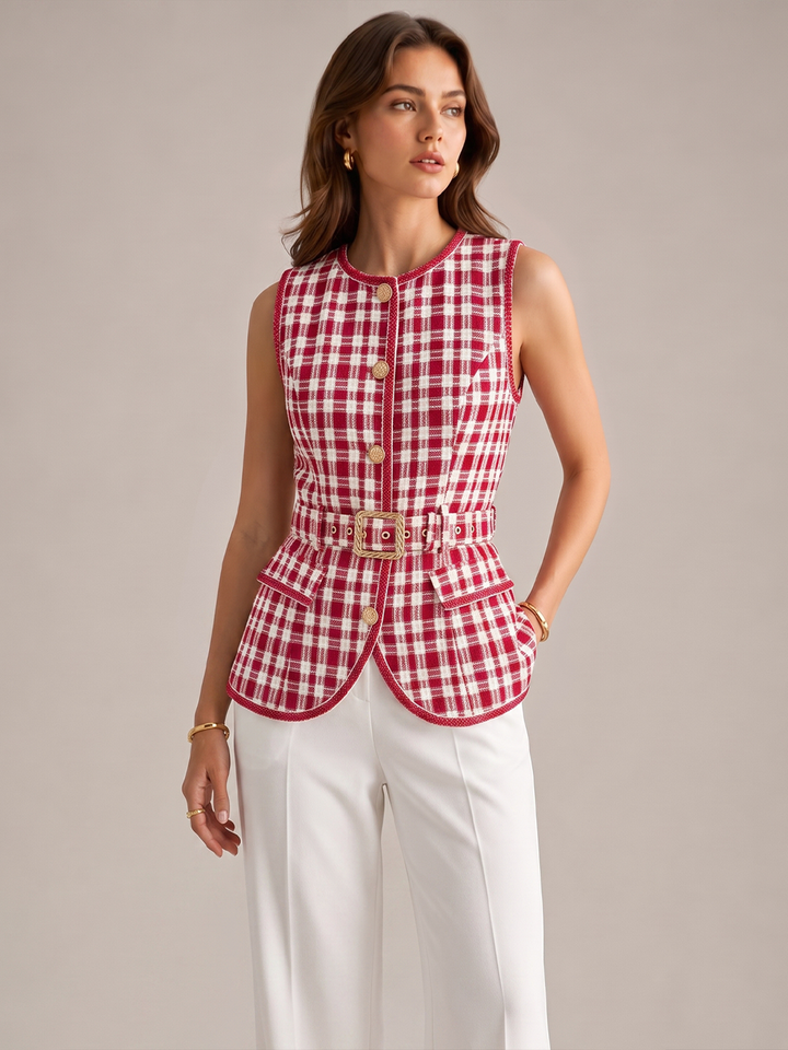 Check Belted Tweed Sleeveless Vest