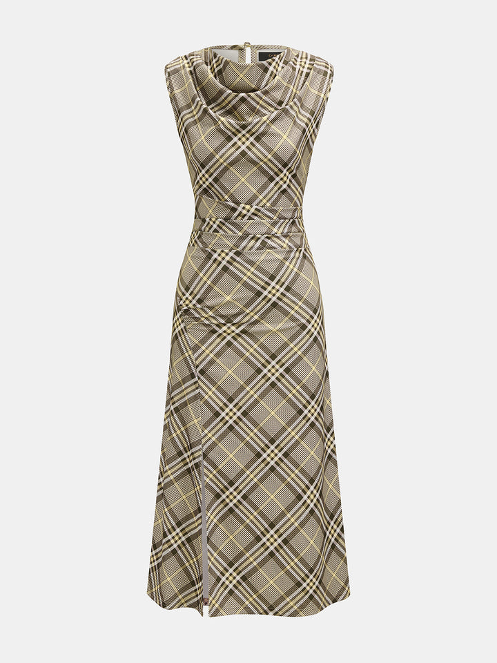 Cowl Neck Plaid Sleeveless Maxi Dress