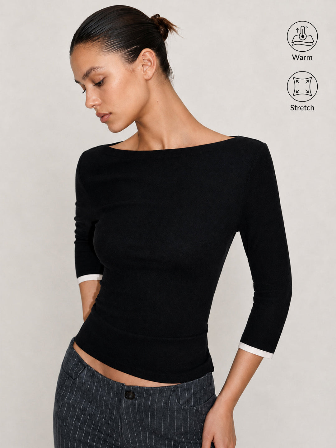 Warm‑Stretch Boat Neck 3/4 Sleeve Top