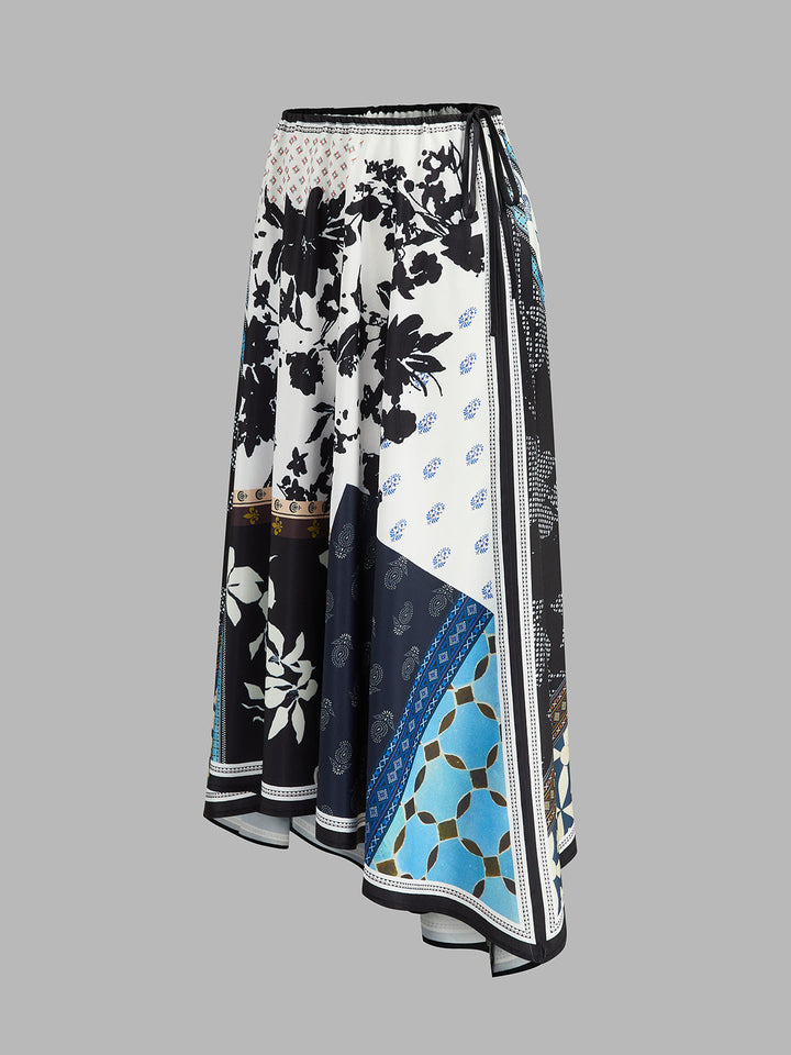 Patchwork Floral Print Asymmetric Midi Skirt