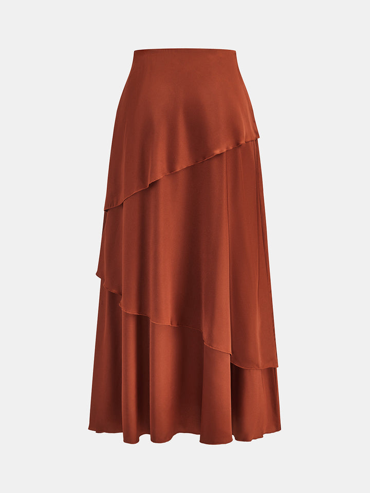 Asymmetric Layered Satin Maxi Skirt