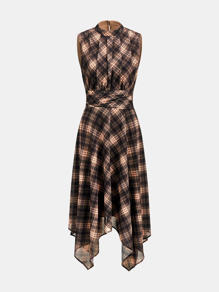 Plaid Sleeveless Chiffon Asymmetric Dress