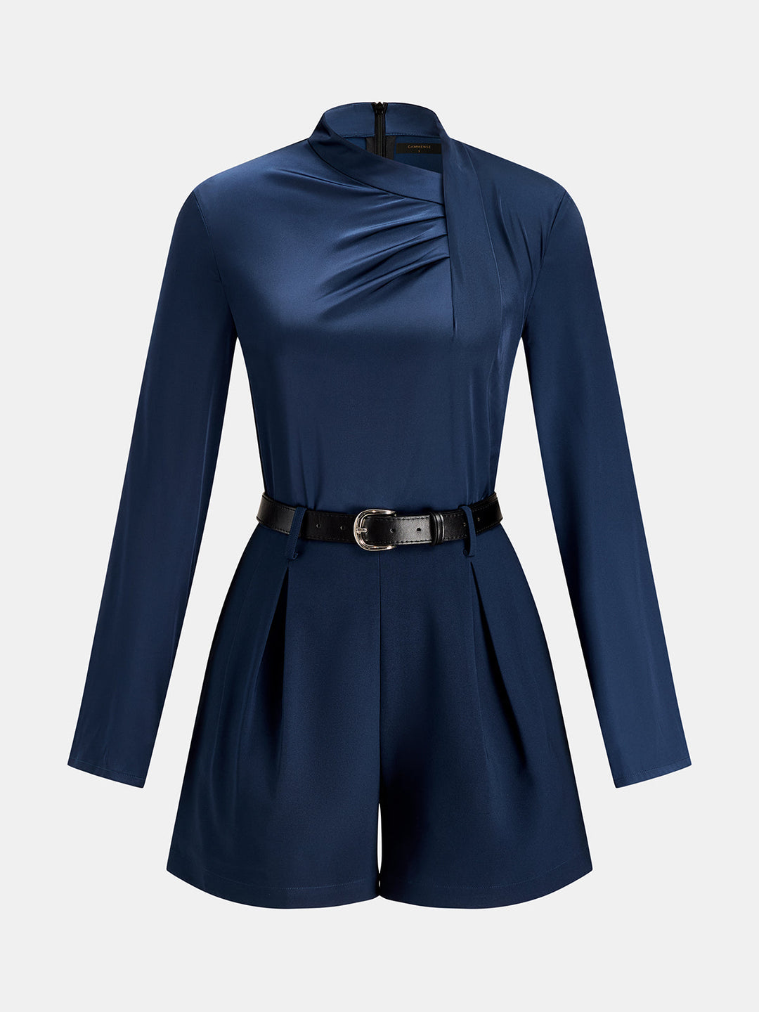 Asymmetric Collar Belted Long Sleeve Romper