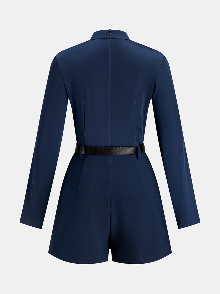 Asymmetric Collar Belted Long Sleeve Romper