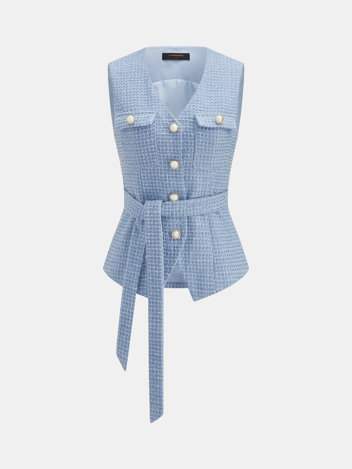 Belted Tweed Pearl Button Sleeveless Vest
