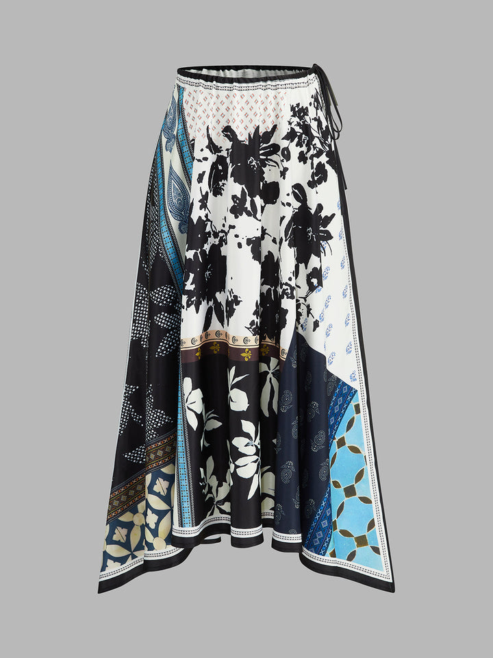 Patchwork Floral Print Asymmetric Midi Skirt