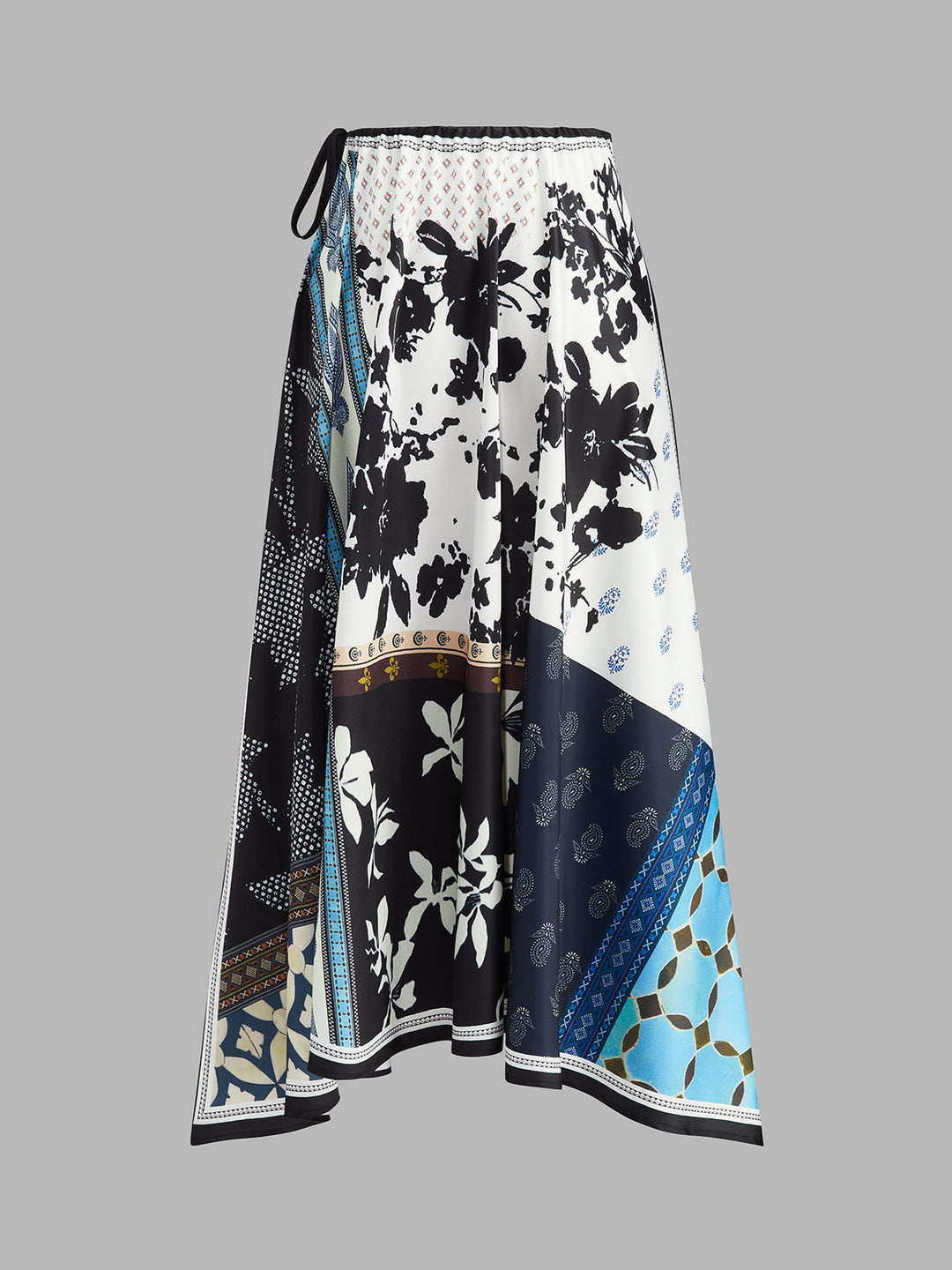 Patchwork Floral Print Asymmetric Midi Skirt