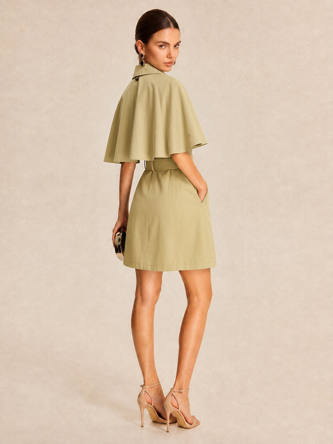 Detachable Cape Belted Trench Dress