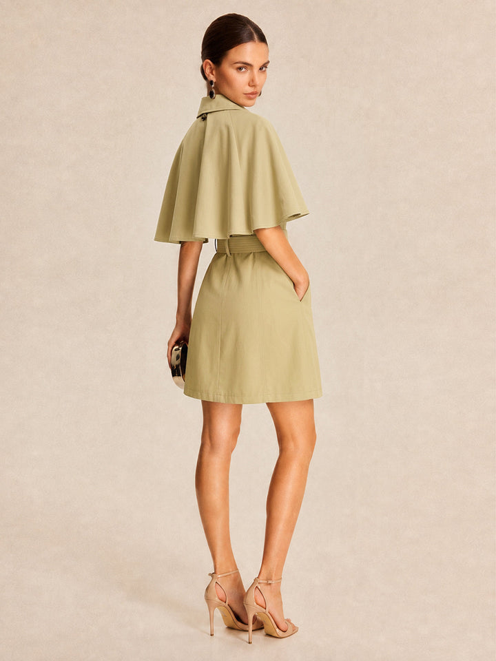 Detachable Cape Belted Trench Dress