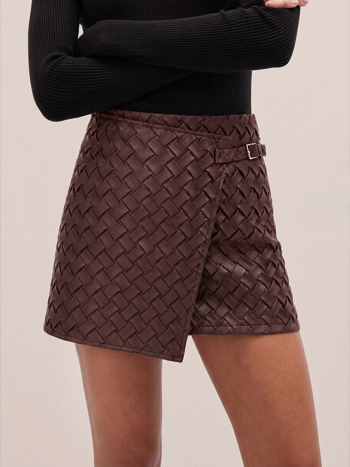 Woven Faux Leather Wrap Buckle Mini Skirt