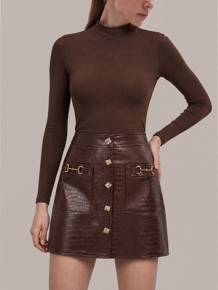 Horsebit Detail Croc‑Embossed Faux Leather Mini Skirt