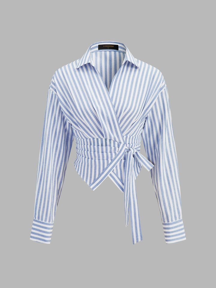 Striped Wrap Tie Waist Cropped Shirt