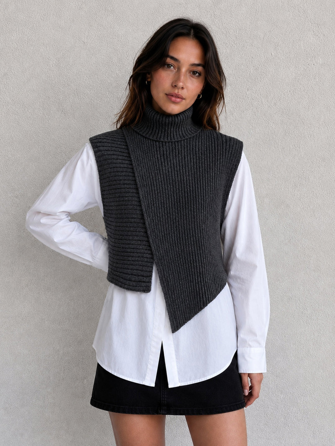Asymmetric Turtleneck Knit Vest & Cotton Shirt Set