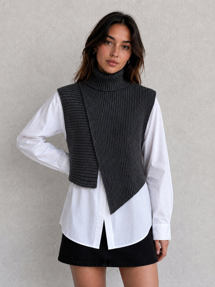 Asymmetric Turtleneck Knit Vest & Cotton Shirt Set