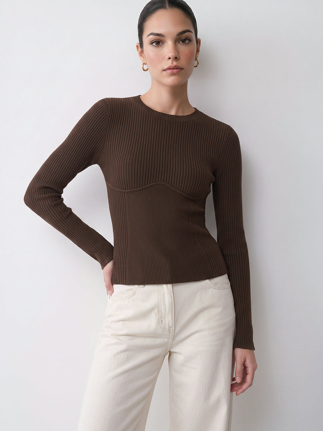 Wool Blend Ribbed Fitted Knit Top