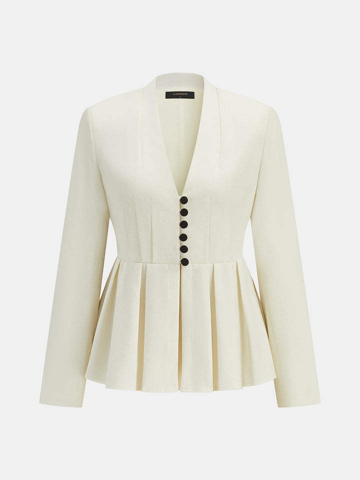 V‑Neck Pleated Peplum Button Blazer