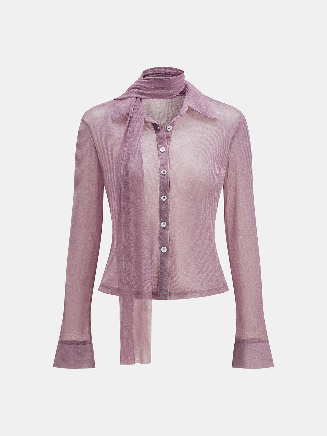 Sheer Mesh Collared Shirt with Scarf