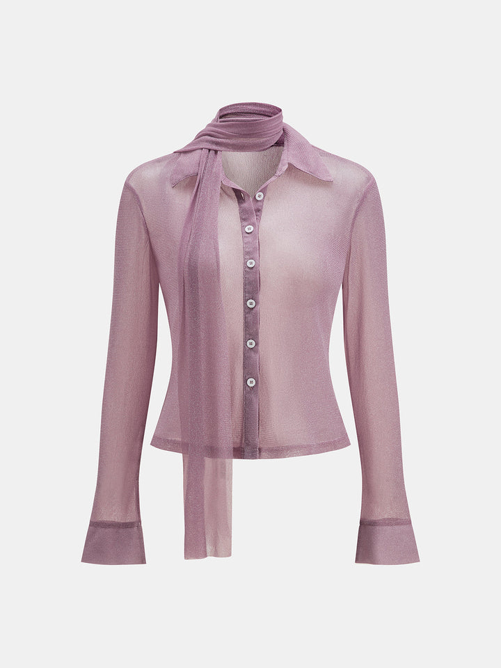 Sheer Mesh Collared Shirt with Scarf