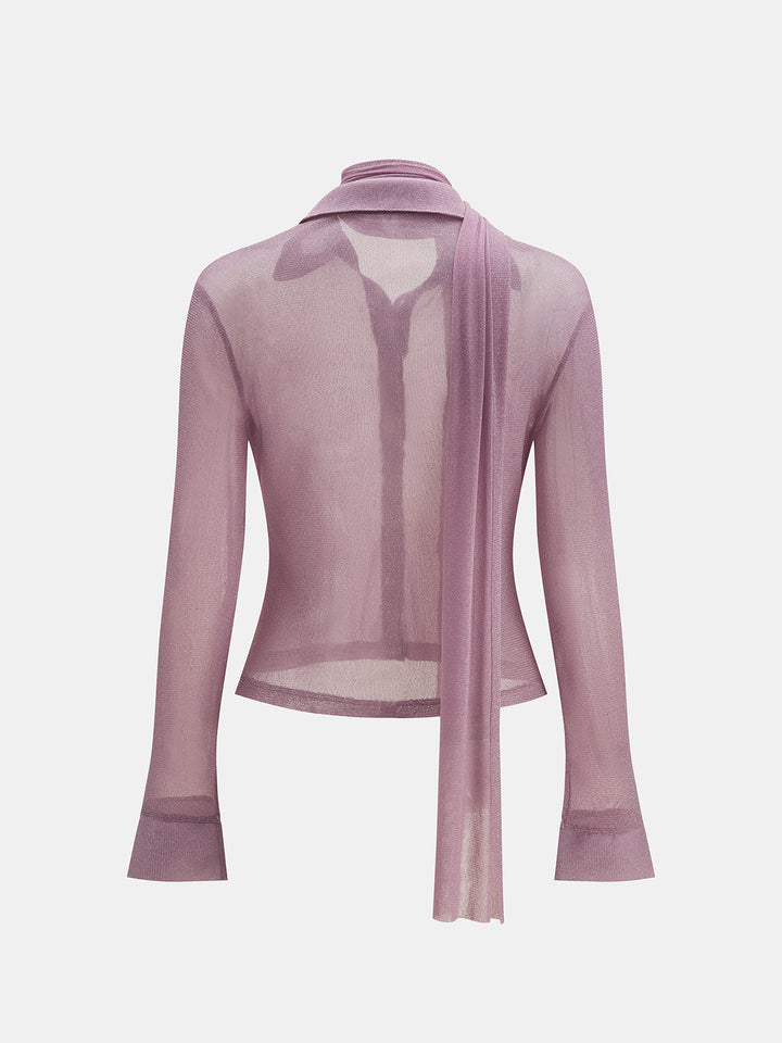 Sheer Mesh Collared Shirt with Scarf